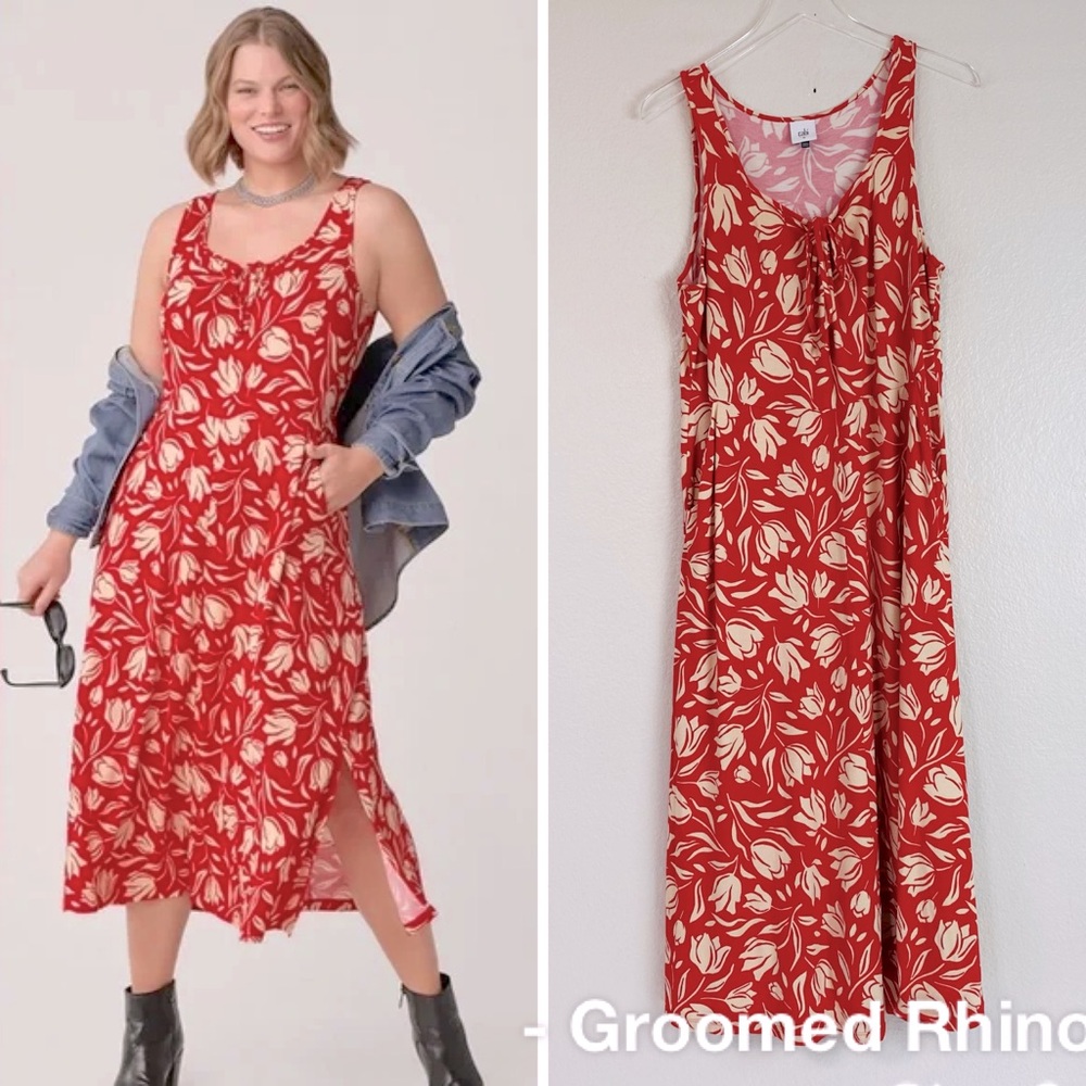 CAbi Red Floral Tearoom Dress Size M